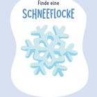 "Finde eine SCHNEEFLOCKE" steht oben. Eine blaue Schneeflocken-Illustration in der Mitte auf hellem Hintergrund.
