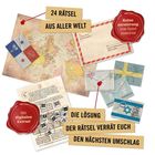 "24 Rätsel aus aller Welt" und "Die Lösung der Rätsel verrät euch den nächsten Umschlag." Eine Weltkarte und mehrere Umschläge.