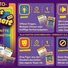 HOW-TO, Spieldesign mit bunten Karten. Kategorien: Wissen, Audio, Pantomime, Sendeverbot. Aufgaben lösen: 10 Punkte.