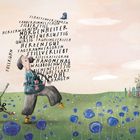 Wörter formen einen Hund, der neben einem Kind auf einer Wiese mit blauen Blumen geht; im Hintergrund Gewächshaus.