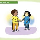 Text: "Guten Morgen, guten Tag". Illustration: Zwei Kinder geben sich freundlich die Hand.