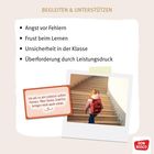 "Begleiten & Unterstützen" und eine Liste von Ängsten. "Ich will es am liebsten sofort können..." Mädchen auf Treppe mit Rucksack.