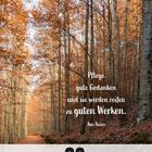"Pflege gute Gedanken und sie werden reifen zu guten Werken. Aus Asien." Herbstlicher Waldweg, Kalender zeigt Freitag, 28. November.