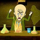 Ein verzweifelter Wissenschaftler in einer Illustration, umgeben von Flammen und rauchenden Kolben auf einem Labortisch.