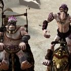 Zwei Figuren in Tribal-Kleidung, eine sitzt, die andere steht, beide tragen Masken und haben bunte Haarsträhnen.