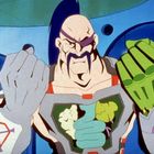 Ein muskulöser Charakter mit lila Irokesenschnitt und Schnurrbart, trägt Handschuhe und eine Rüstung, Hintergrund futuristisch.