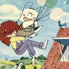 Illustration: Ein Kind und ein weißes Wesen mit Ballons fliegen über ein Dach. Ein Vogel sitzt auf den Ziegeln.