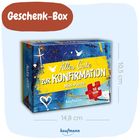 „Alles Gute zur Konfirmation“ auf gelbem Streifen, Mini-Puzzle mit 56 Teilen, blau und bunt mit weißen Tauben.