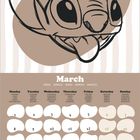 Text: "Oh so Cute", "March", Tage und Notizen. Illustration eines Cartoon-Charakters mit großen Ohren und Zunge herausgestreckt.