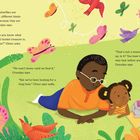 Farbenfrohe Schmetterlinge und Vögel umgeben einen Großvater mit zwei Kindern auf einer Wiese.