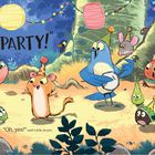 „PARTY!“ und „Oh, yes!“ said Little Acorn. Tiere mit Partyhüten feiern im Wald mit Lichterketten und Lampions.