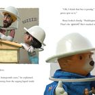 "BUZZZZ!" hören Bienen, während Baaz Paddington erklärt, wie Honig in den Waben entsteht. Drei Figuren mit Imkerhüten.