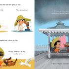 Ein Mädchen und ein Hund trotzen Wind und Regen, amüsieren sich dann unter einem Pavillon mit Zuckerwatte.