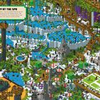 "A LUSH DAY AT THE SPA" ist oben zu lesen. Pixel-Art mit Menschen, Wasserfällen und Vegetation in einem bunten, blockigen Stil.