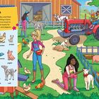 „Farm Fun: Brooklyn, Malibu and their friends are visiting a farm today.“ Illustration von Kindern und Tieren auf dem Bauernhof.