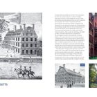 HARVARD COLLEGE, CAMBRIDGE, MASSACHUSETTS. Illustration zeigt historische Gebäude und Personen, aktuelle Fotos rechts.