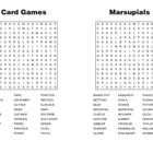 Links: "Card Games", rechts: "Marsupials". Darunter Wortgitter mit Begriffen wie "BLACKJACK" und "KANGAROO".
