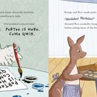 Ein Waldtier malt auf ein Schild "PaRTEe IS HeRe. CoMe QWiK." Kanga und Roo machen Kekse in einer Illustration.