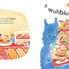 Ein blaues Monster in einer Mensa verschüttet sein Tablett voller Essen. Kinder schauen zu. Texte: "it wobbles all the way."