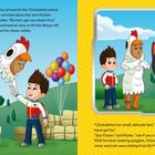 Texte: Rettungsmission um eine Henne. Kinder-Charaktere und ein Hund mit Spezialbrille sind im Einsatz vor bunten Ballons.