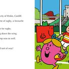 Text über eine Rugby-Spielszene in Cardiff. Rechts Charaktere: ein roter Würfel, eine pinke und eine blaue Figur beim Rugby.