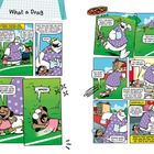 Texte: "What a Drag", "Bash Street School", "Pizza!", "Mr Throb", "Swedish cousin". Cartoon mit Kindern und einem großen Wesen.