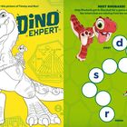 "Dino Expert" oben links auf gelbem Hintergrund mit Zeichnung eines Jungen auf einem Dinosaurier. Rechts ein Spiel mit Buchstaben.