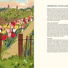Links bunte Frühlingsblumen vor einem Gartenbereich mit Zaun, rechts Textüberschrift "OBSERVING YOUR GARDEN".