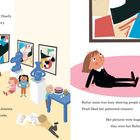 Text beschreibt einen Kunstgalerie-Besuch, Kinder betrachten abstrakte Gemälde, Pearl gefällt eine gemusterte Hose.