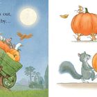 Links: Ein Dachs schiebt einen Karren mit Tieren und Kürbissen unter Mondschein. Rechts: Tiere tragen und rollen Kürbisse.