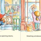 "Passing people opening doors, Washing windows, sweeping floors." Ein Bär und Menschen in einem Geschäft.