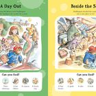 Text: Links steht "A Day Out", rechts "Beside the Sea". In der Mitte farbenfrohe Illustrationen von einem Tag am Strand.