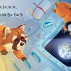 Text: "I love space because... astronauts can see the Earth." Illustration: Waschbär, Pinguin und Maus in Raumanzügen.