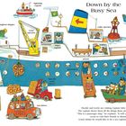 Illustration eines Hafens mit Schiffen. Text im Bild nennt Berufe: "tugboat skipper," "lobster fisherman," "taxi driver."