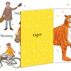 „Friends and family“, „tiger“, „Dad“, „Mummy“, „girl“, „cat“, „boy“. Illustration: Menschen, Tiere, Tiger hinter einer Klappe.