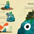 Texte: "And the frogs. And the slugs. And the snails. 'Not now, Samantha!' And when Fox... 'Bad Fox!' Hopefully it will rain..."

Illustration: Steine mit Tieren, ein Fuchs, große Augen, Fliegen und Blätter.