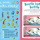 Linke Seite: "Chicks, bricks, blocks, clocks!" mit gelben Küken, Uhren und Bauklötzen. Rechte Seite: "Beetle bottle battle" mit zwei ähnlichen Flaschenabbildungen.
