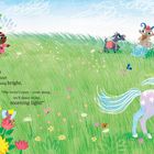 Text: "There's Unicorn across the field! Her horn is shining bright. The invite's open - come along, we'll dance in the morning light!"

Eine bunte Illustration: Einhörner auf einer Wiese, tanzende Kinder und bunte Blumen.