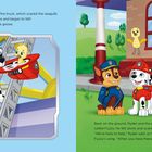 Links: "Marshall extended the ladder on his fire truck, which scared the seagulls away." Rechts: Vier Cartoons: Junge, Dalmatiner, anderer Hund, Gans.