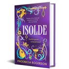 Der Buchumschlag hat den Titel "ISOLDE" in großen Buchstaben auf violettem Hintergrund, verziert mit floralen und ritterlichen Motiven.