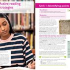 "Chapter 1: Active reading strategies" und "Unit 1: Identifying points and ideas". Links Frau lesend, rechts Text und Grafiken.