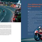 John Williams Sets First 110mph Lap, 1976. Links: Rennstrecke mit Motorrad, Zuschauer. Rechts: Motorradfahrer in Aktion.