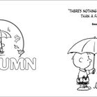Text: "AUTUMN" und "There's nothing more miserable than a fall rain." Illustration mit Figuren und Regenschirm.