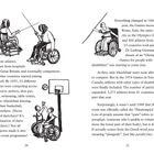 Texte beschreiben den Anstieg paralympischer Athleten seit 1957. Illustrationen zeigen Rollstuhlsportler in verschiedenen Disziplinen.