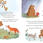 Links unter Baum ein Bär und Fuchs; rechts Bär mit Eichhörnchen und dann mit Hase. Dialoge über wach bleiben zu Weihnachten.