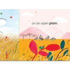 "Some swishing grass on an open plain." Illustration mit einem Löwen im Gras, Zebras auf einer Ebene und zwei Elefanten.