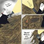Comic-Illustration: Ein Charakter mit Taschenlampe fragt wiederholt nach einer Ente, während er sich durch dicke Haare bewegt.