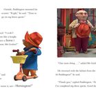 Texte beschreiben einen Dialog zwischen Paddington und Mr. Gruber. Paddington erhält einen Steckenpferd und Helm. Sie stehen draußen.
