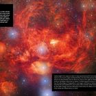 "Lobster: Dies ist NGC 6357, bekannt als Lobster-Nebel, 8000 Lichtjahre entfernt im Skorpion. Leuchtet rot durch Wasserstoff."  

Rote Wolken und helle Sterne leuchten im Weltraum.