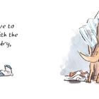 "I have to help with the laundry," steht links. Rechts: Illustration eines Hundes, der in einem Wäschekorb schnüffelt.